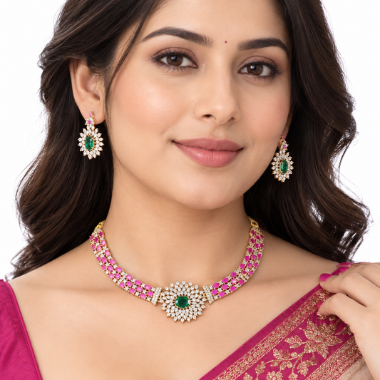 Pink Green Floral Necklace Set With Gold Crystalwork