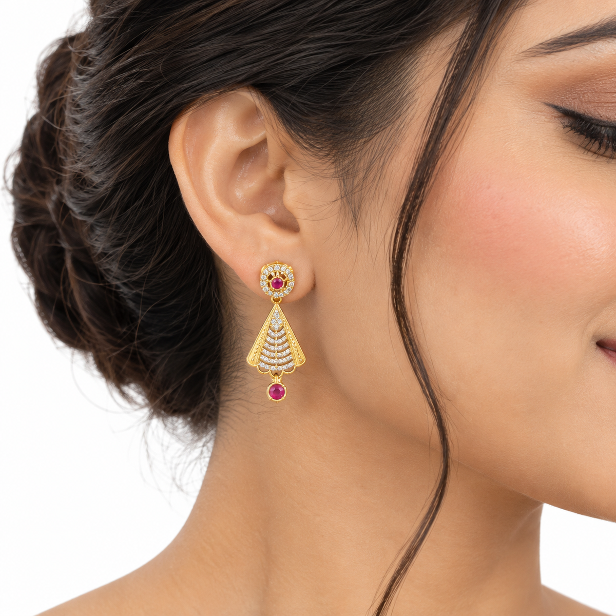 Elegant Ruby Gold Necklace Set With Triangle Earrings