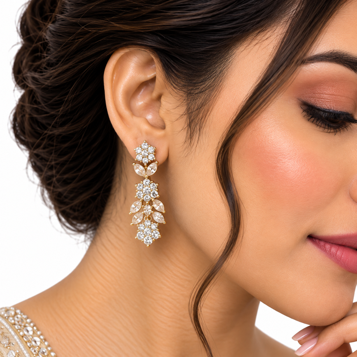 Gold Floral Crystal Necklace Set with Matching Earrings