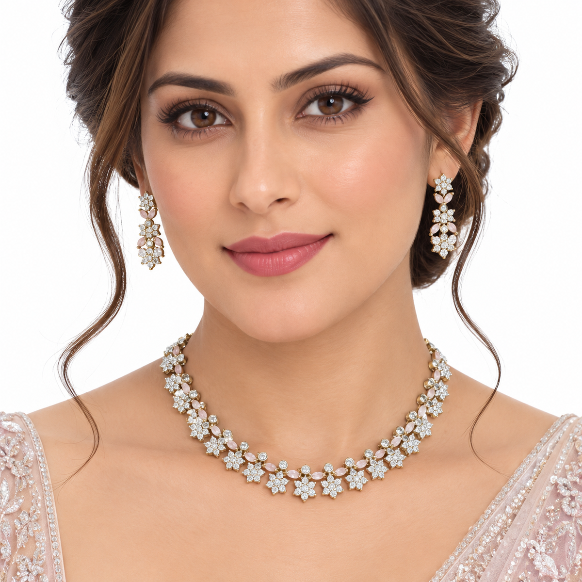 Pink Floral Crystal Necklace Set With Drop Earrings