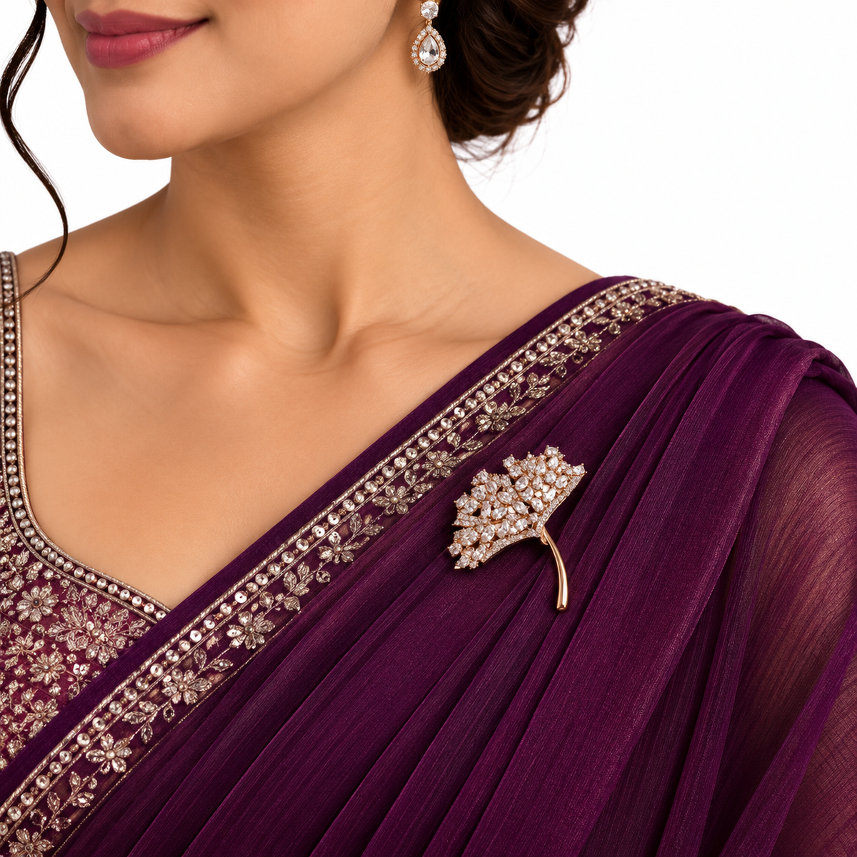 Elegant Gold Crystal Floral Leaf Brooch