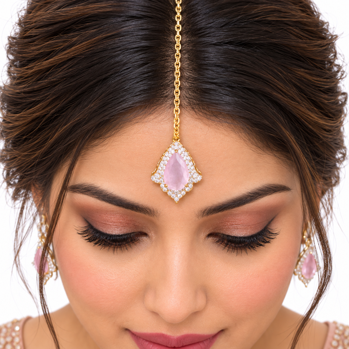 Pink Stone Gold Necklace Set With Teardrop Earrings