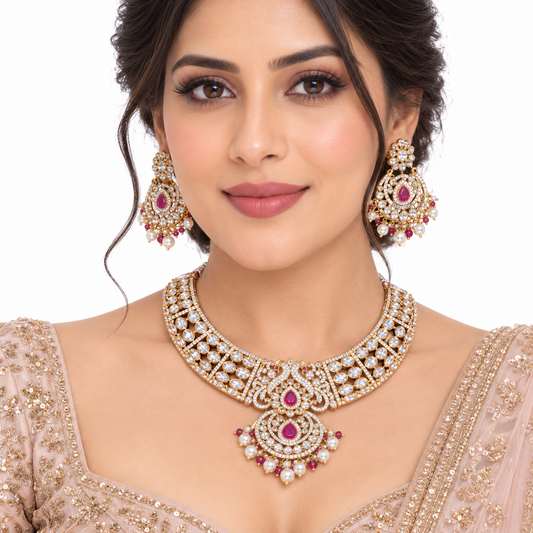Ruby Kundan Choker Necklace Set with Pearl Earrings