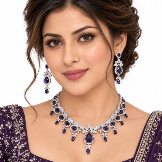 Purple Stone Floral Necklace Set with Drop Earrings
