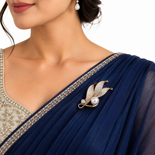 Elegant Gold Leaf Pearl Crystal Brooch