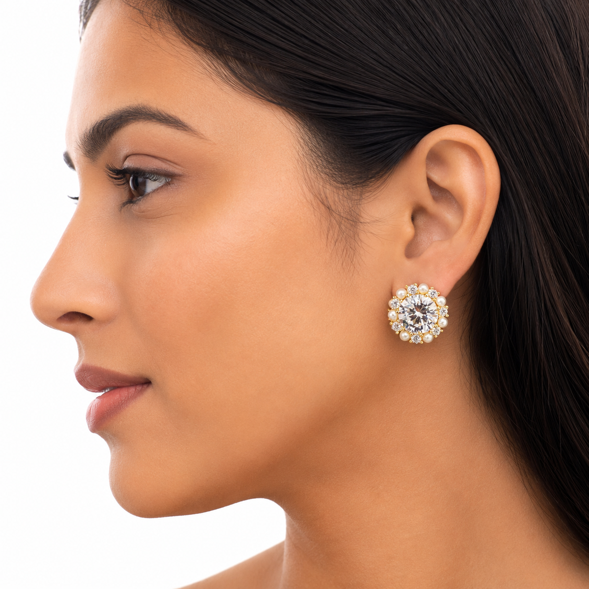 Gold Pearl Halo Crystal Stud Earrings