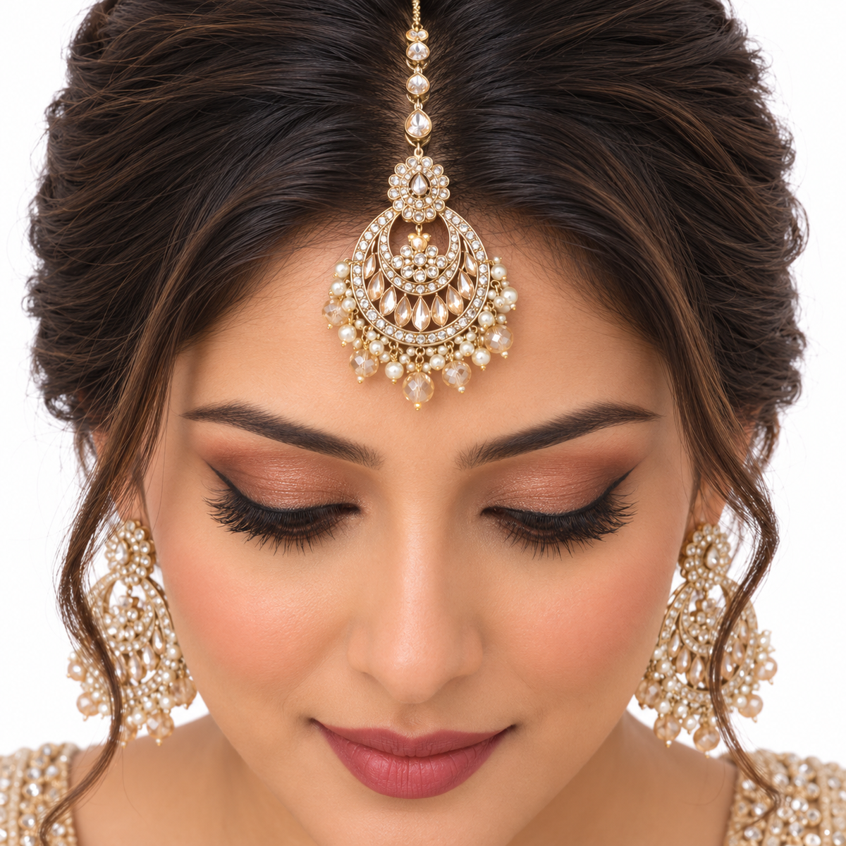 Champagne Kundan Pearl Necklace Set With Drop Earrings