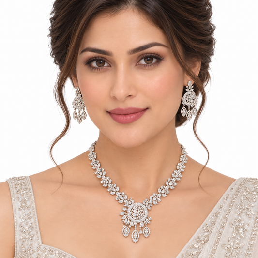 Silver Floral Crystal Necklace Set With Drop Earrings