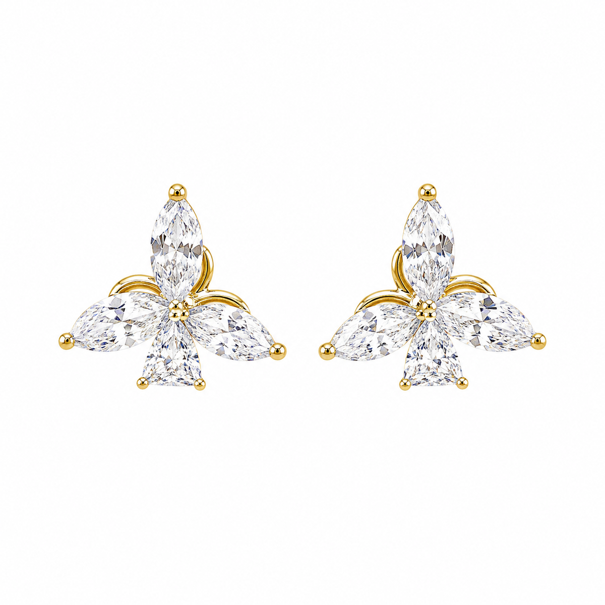 Gold Floral Cluster Stud Earrings with Crystal Stones