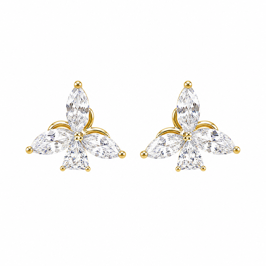 Gold Floral Cluster Stud Earrings with Crystal Stones