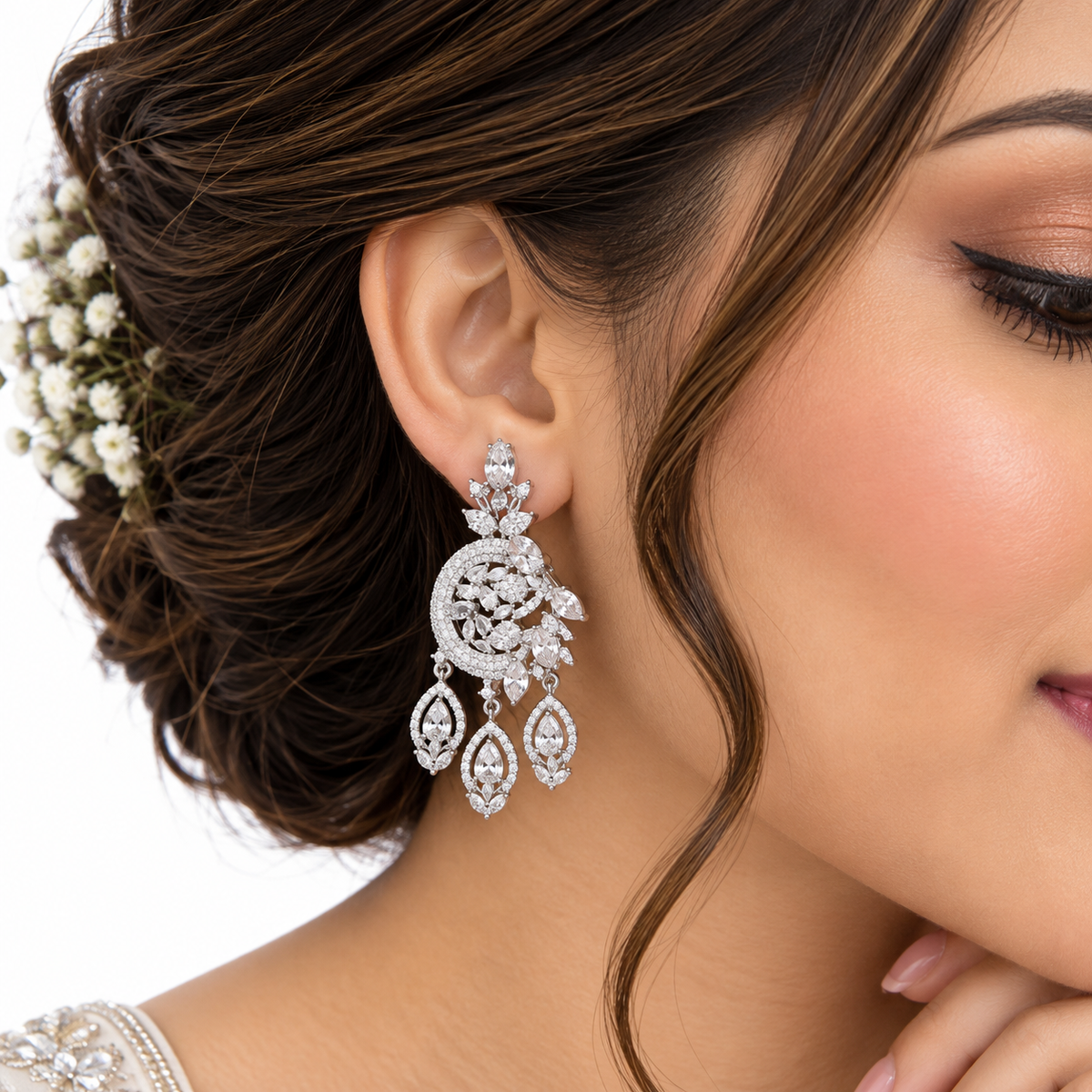 Silver Floral Crystal Necklace Set With Drop Earrings