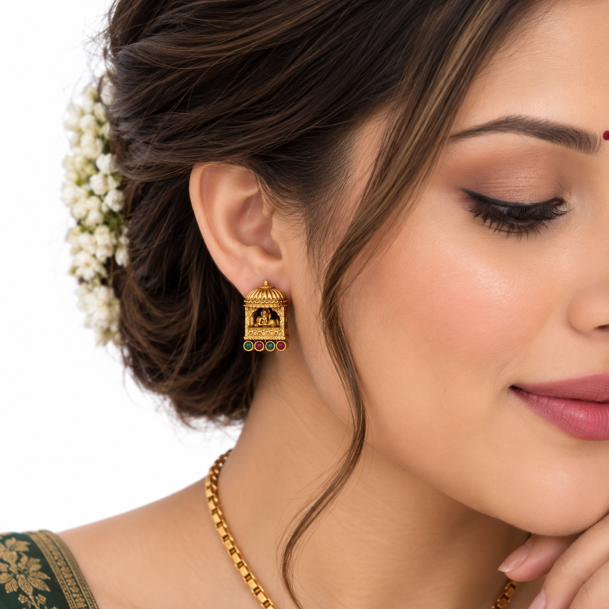 Temple Motif Gold Necklace Set With Pendant Earrings