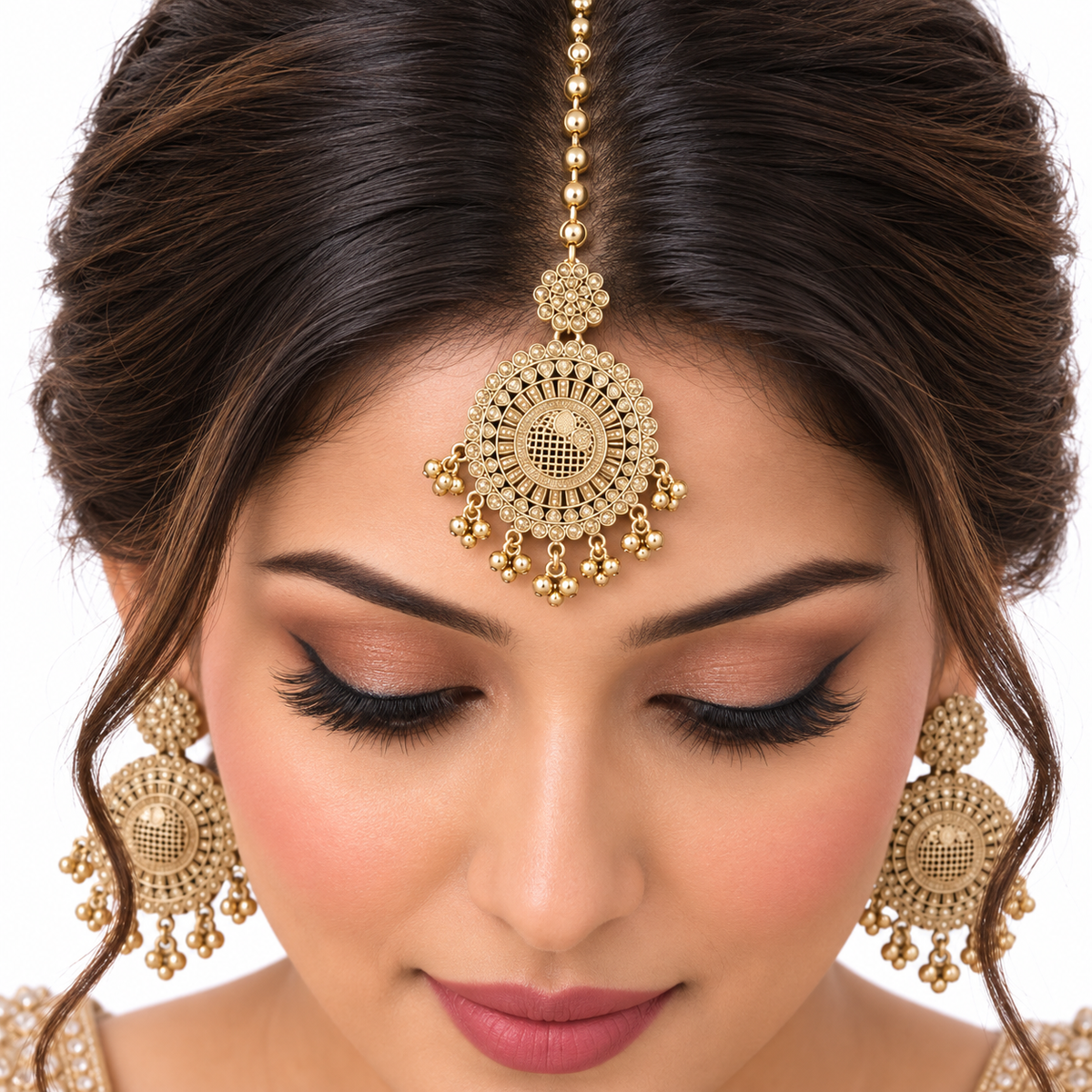 Antique Gold Pearl Choker Necklace Set With Maang Tikka