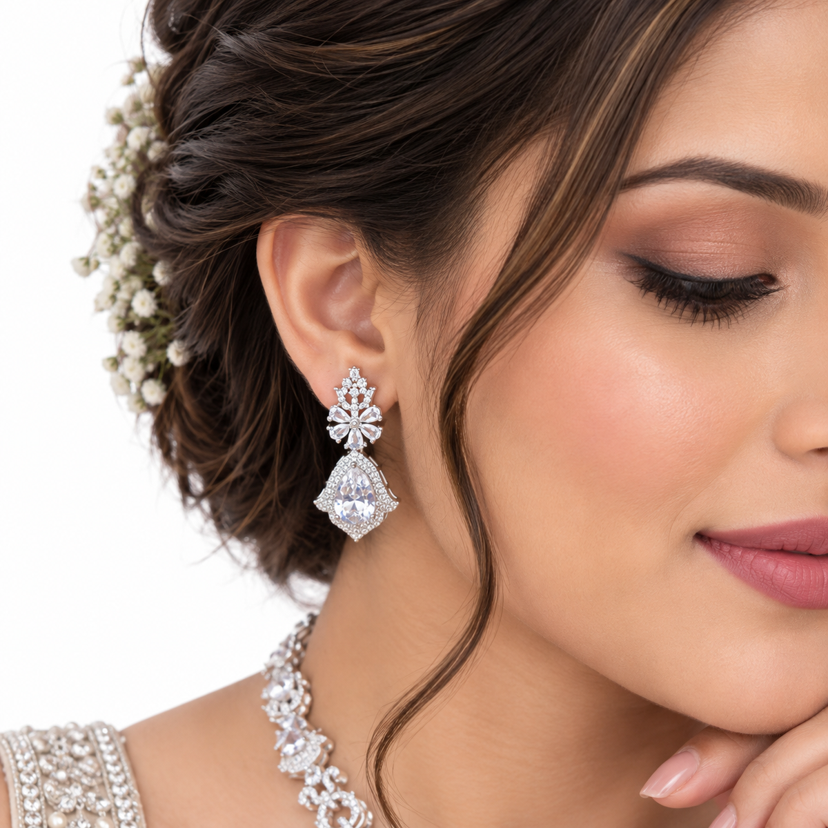 Crystal Silver Floral Necklace Set With Drop Earrings