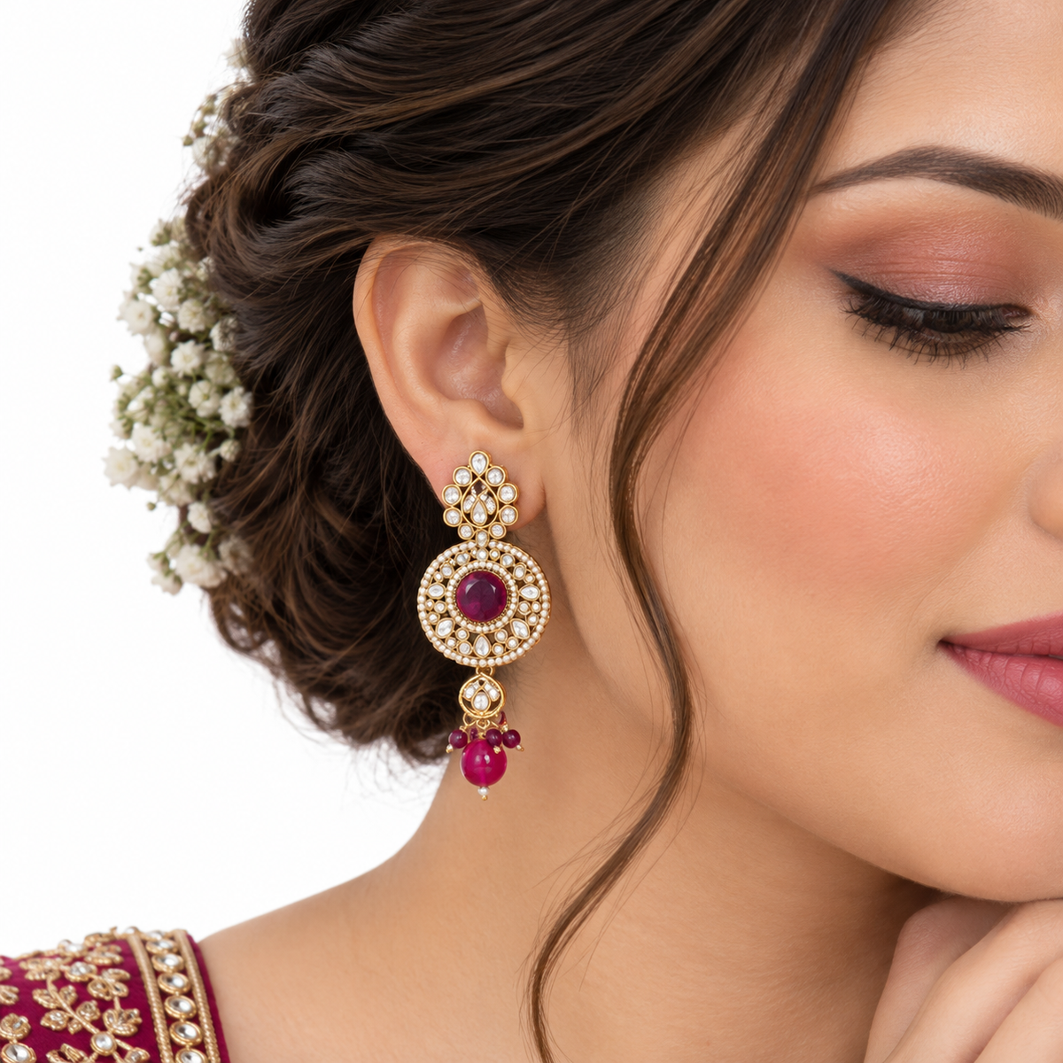 Ruby Pearl Gold Necklace Set With Layered Beads