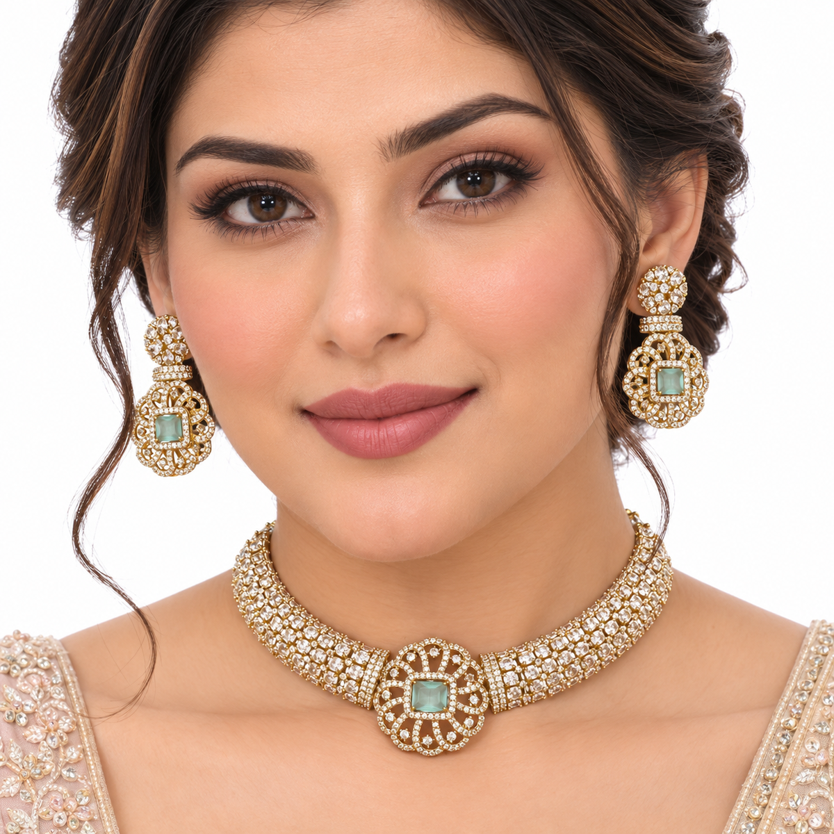 Elegant Green Kundan Choker Set With Floral Earrings