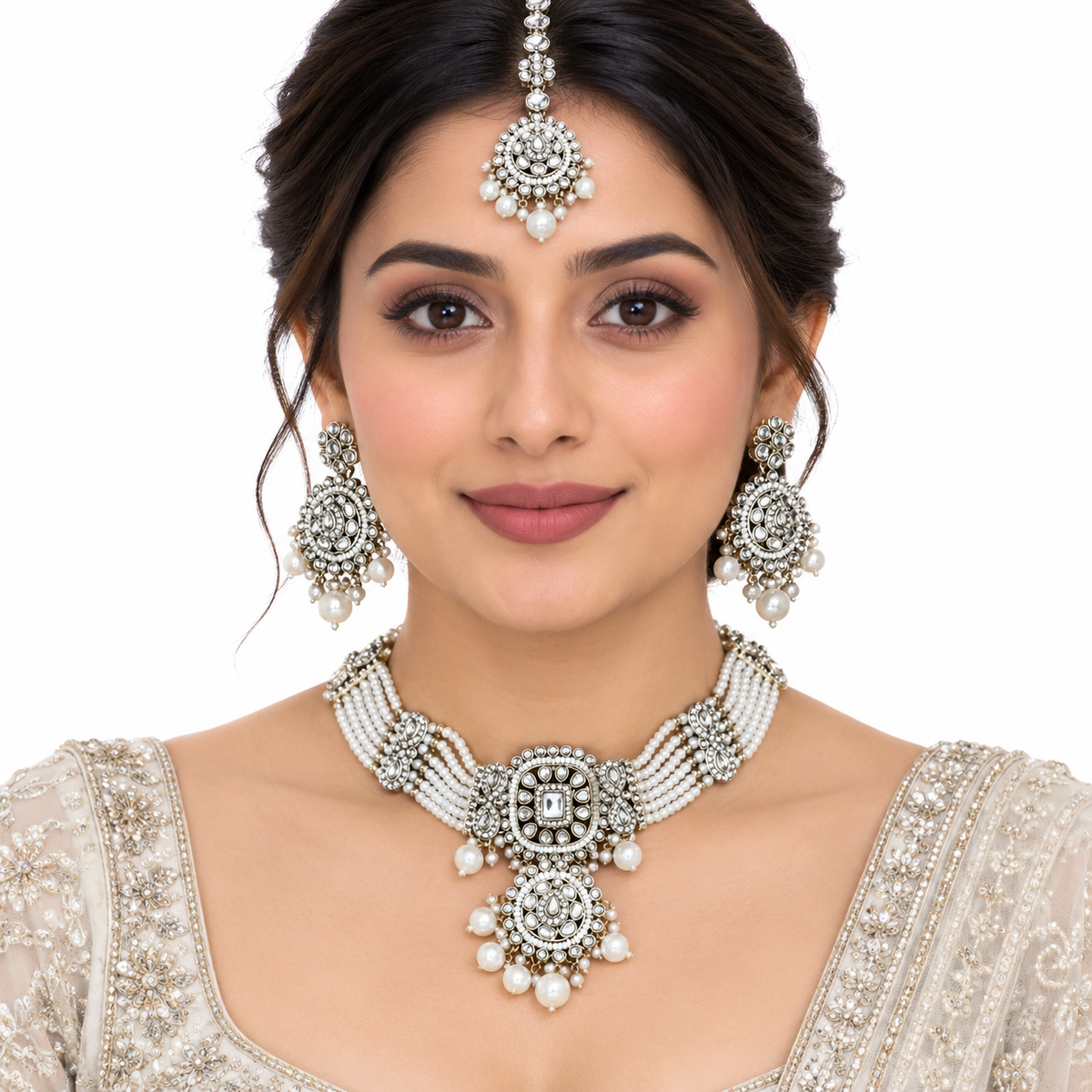 Layered Pearl Polki Necklace Set with Bridal Earrings