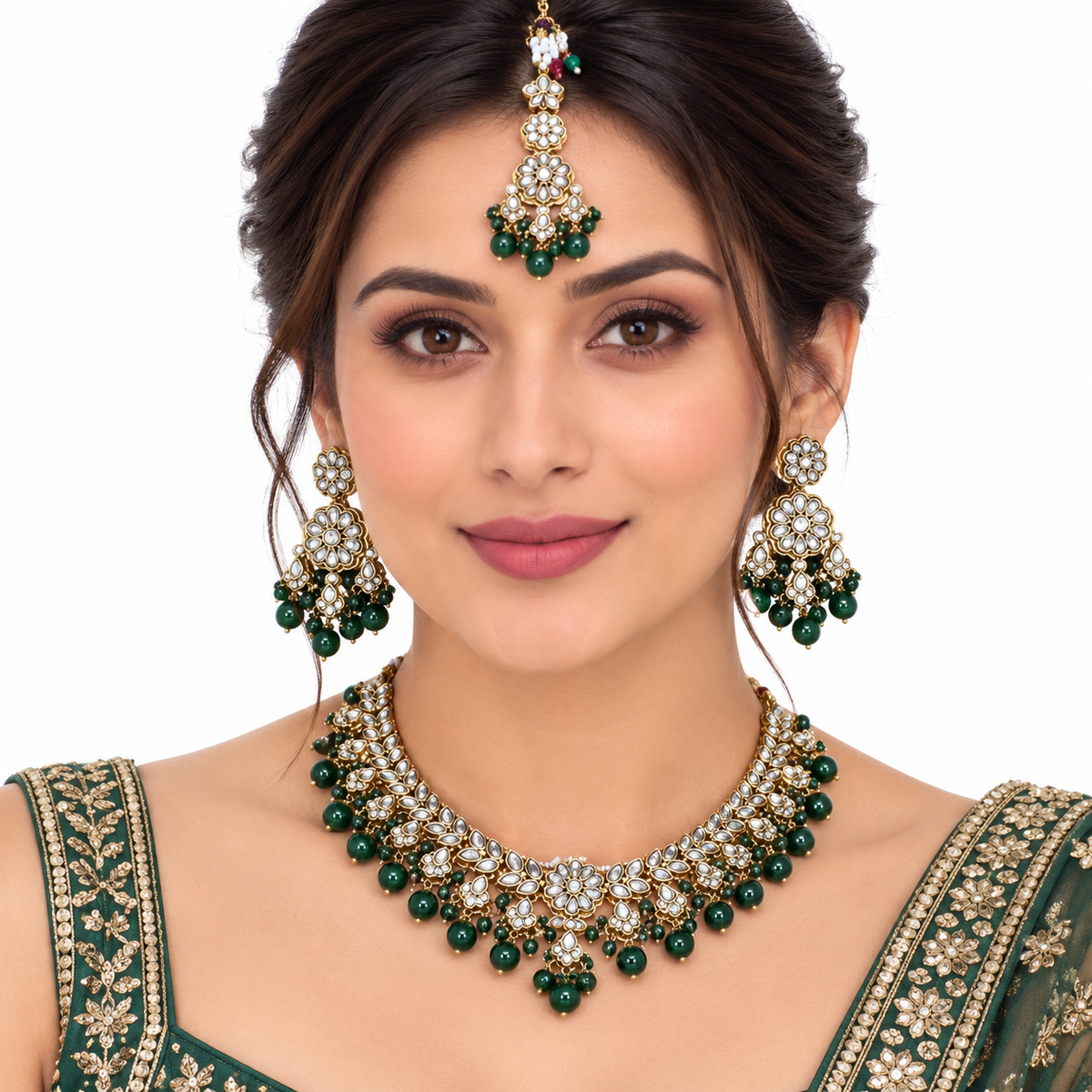 Emerald Green Kundan Necklace Set with Pearl Accents