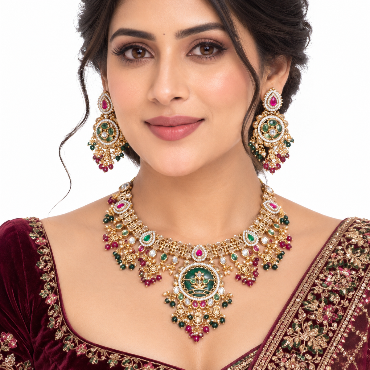 Multicolor Kundan Necklace Set with Traditional Earrings