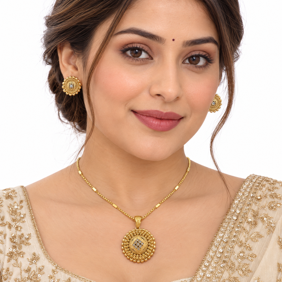 Traditional Gold Bead Pendant Necklace Set For Women