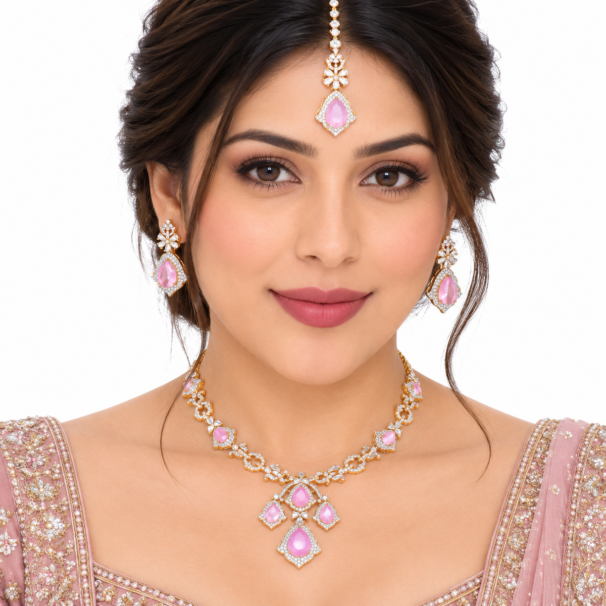 Pink Stone Gold Necklace Set With Teardrop Earrings