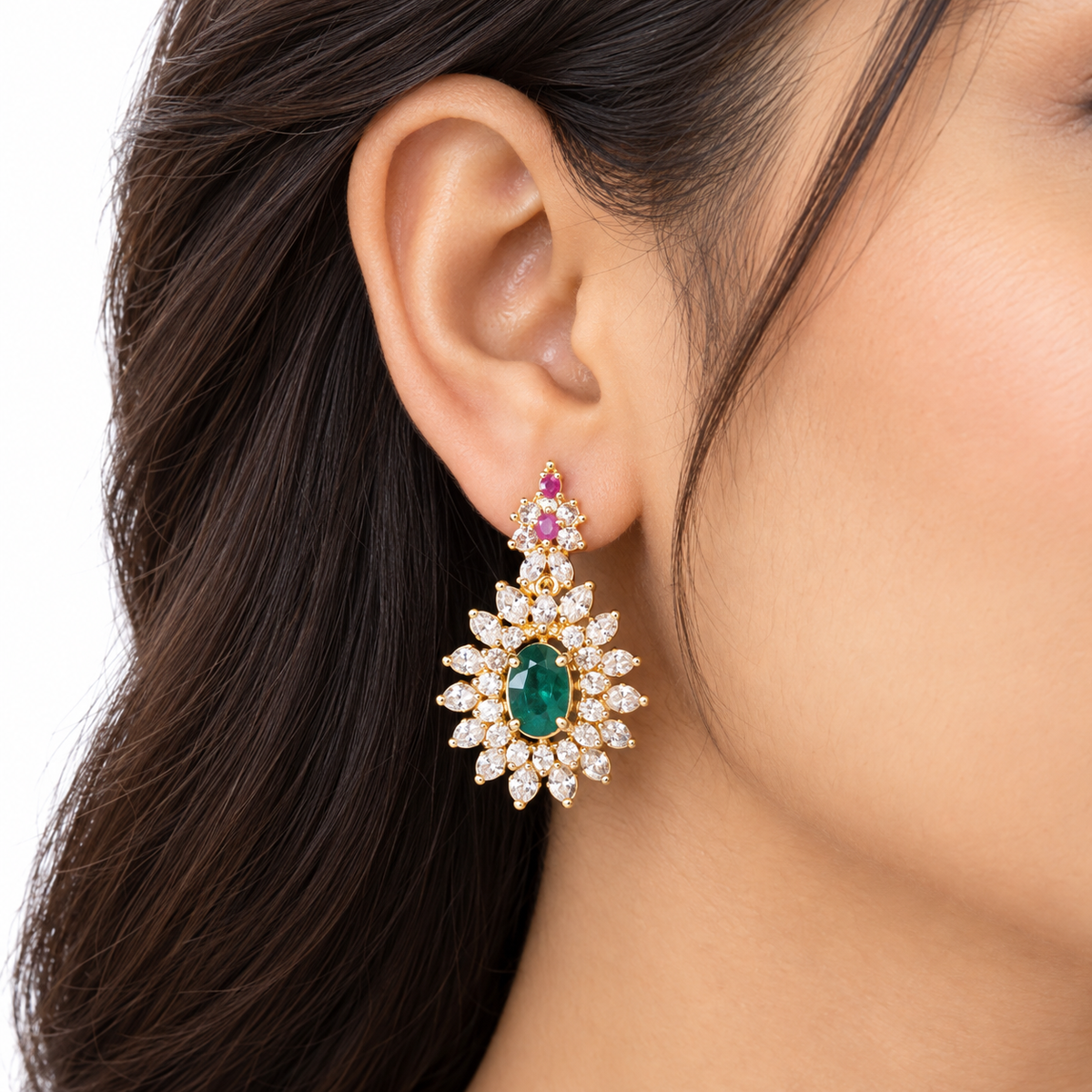 Pink Green Floral Necklace Set With Gold Crystalwork