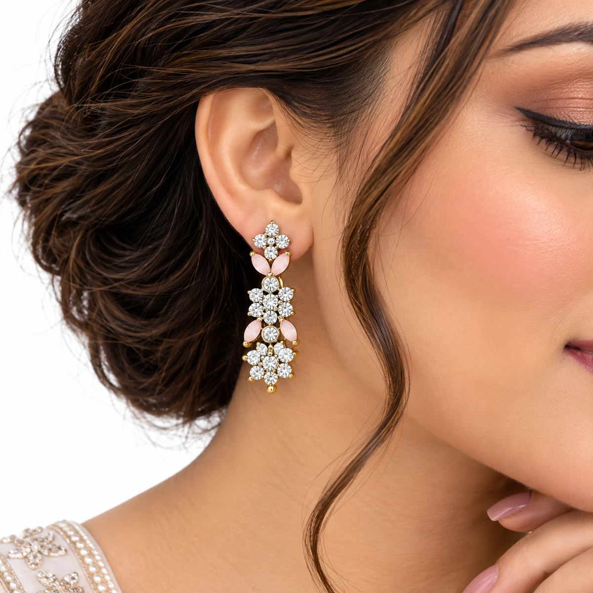 Pink Floral Crystal Necklace Set With Drop Earrings