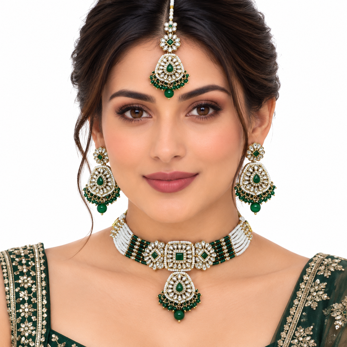 Green Beaded Kundan Choker Necklace Set with Tikka