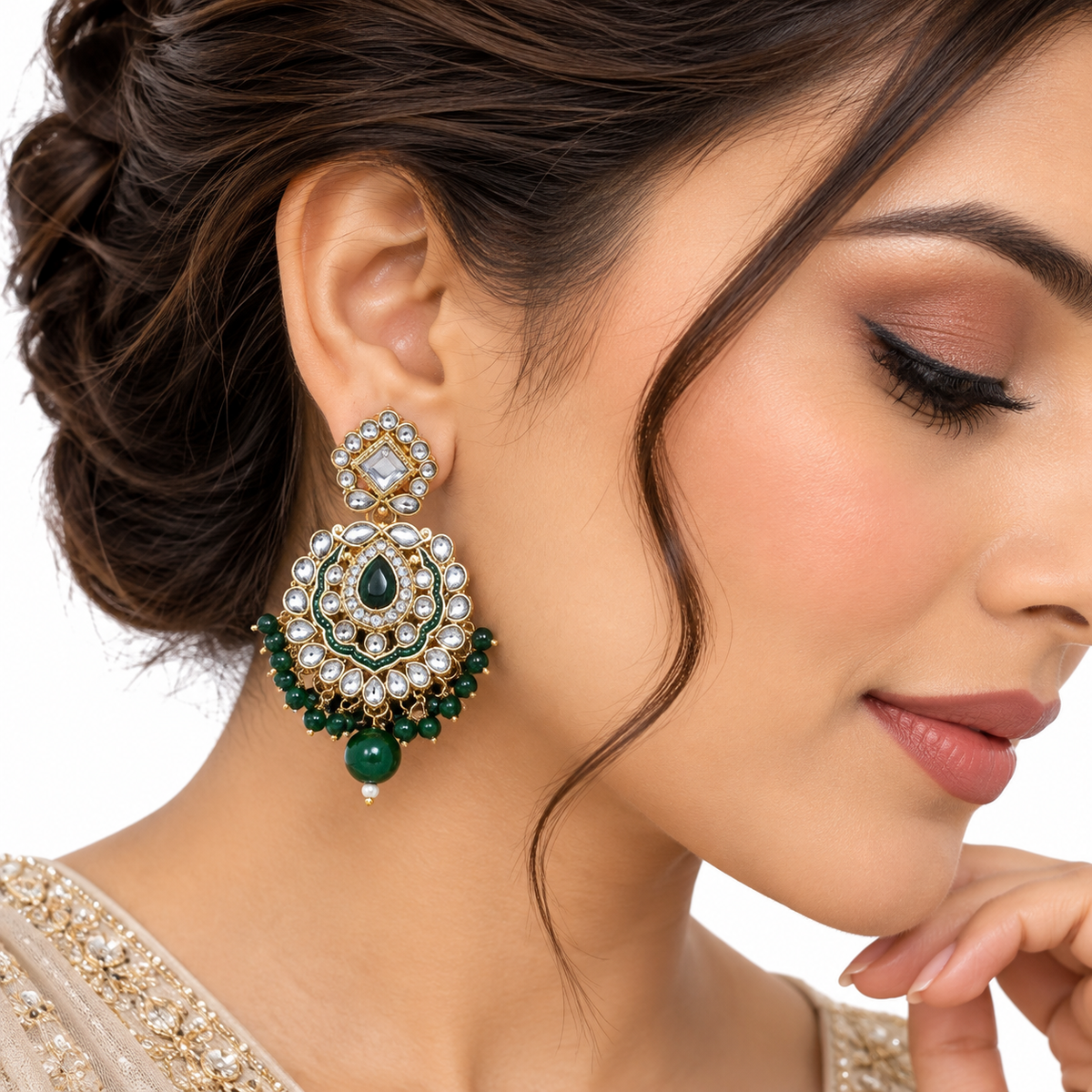 Green Bead Pearl Kundan Necklace Set with Maang Tikka