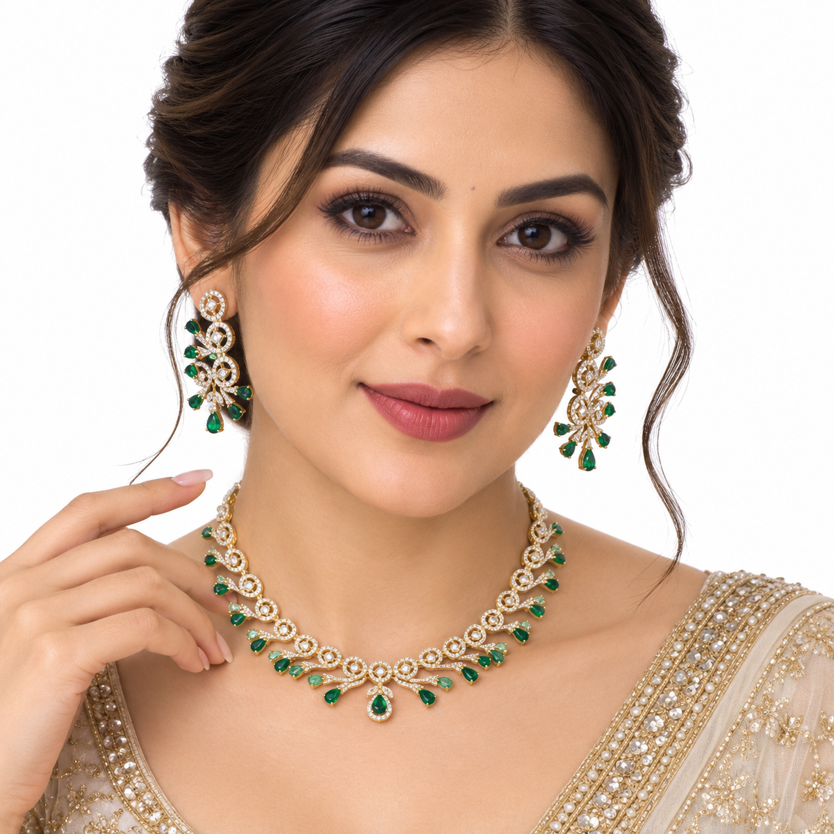 Emerald Green Crystal Necklace Set with Drop Earrings
