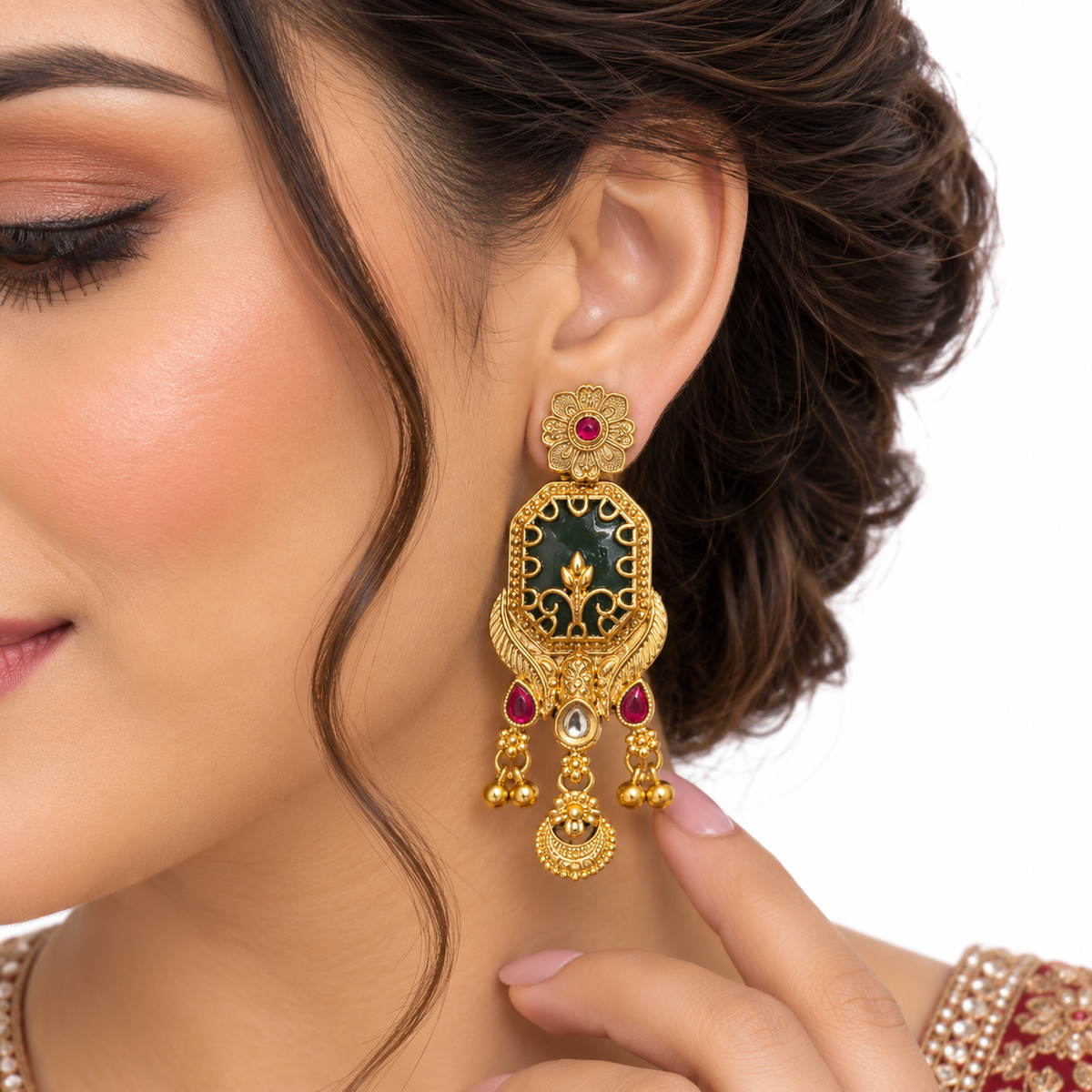 Emerald Ruby Antique Gold Necklace Set With Earrings