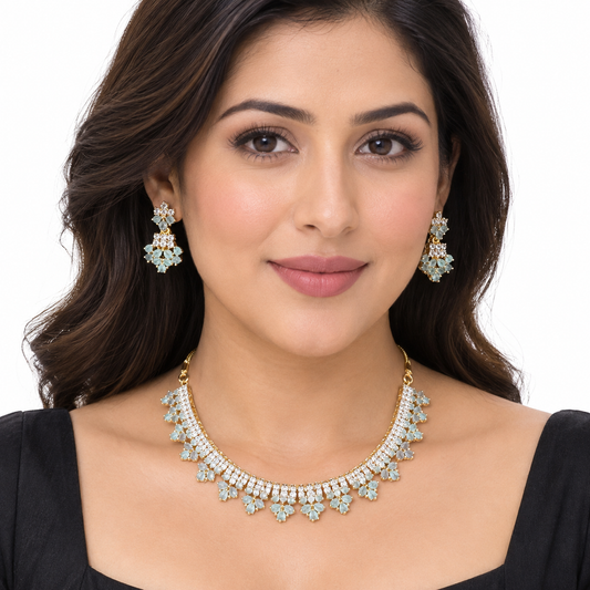 Mint Green Stone Gold Necklace Set With Floral Earrings