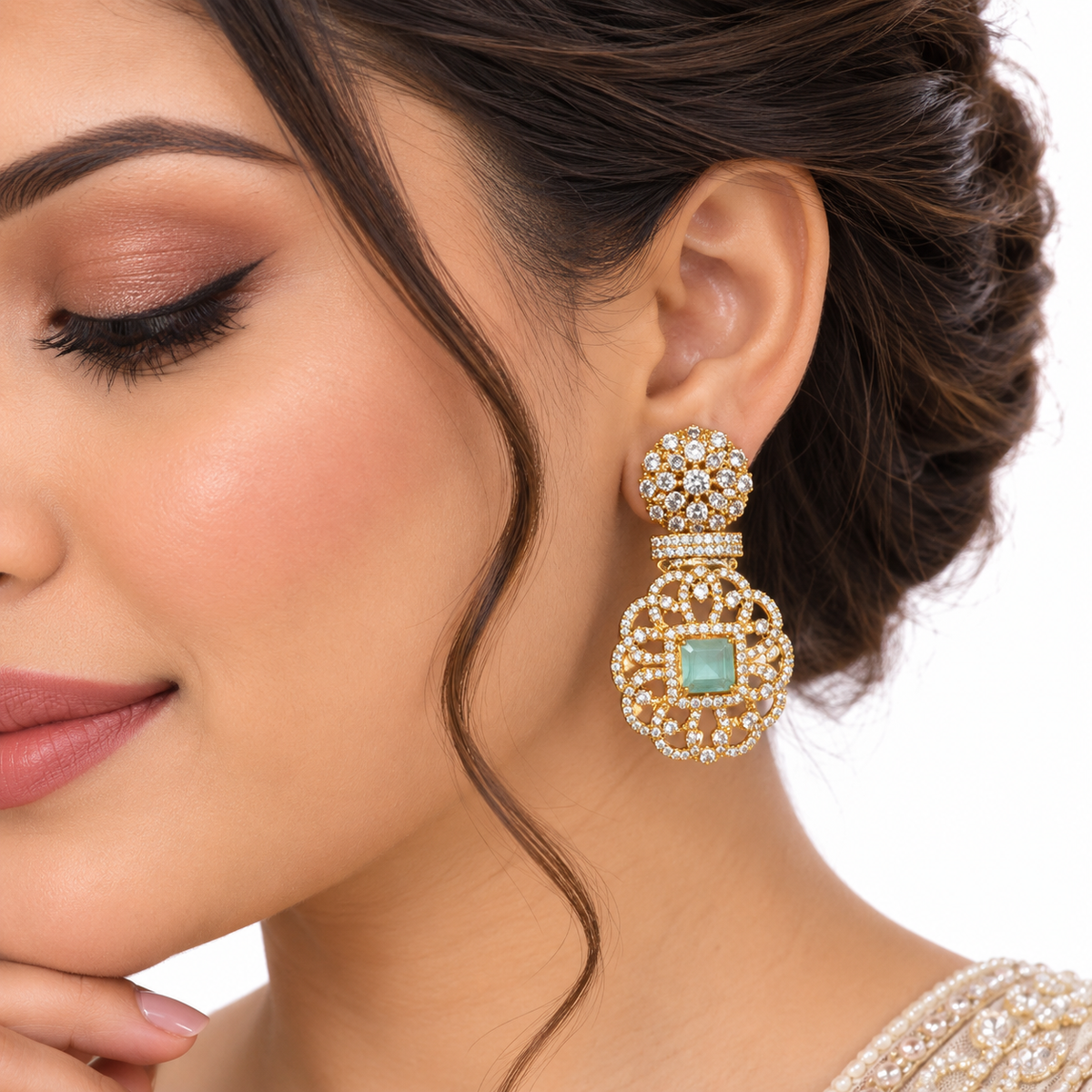 Elegant Green Kundan Choker Set With Floral Earrings