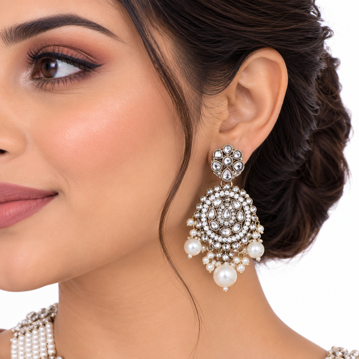 Layered Pearl Polki Necklace Set with Bridal Earrings