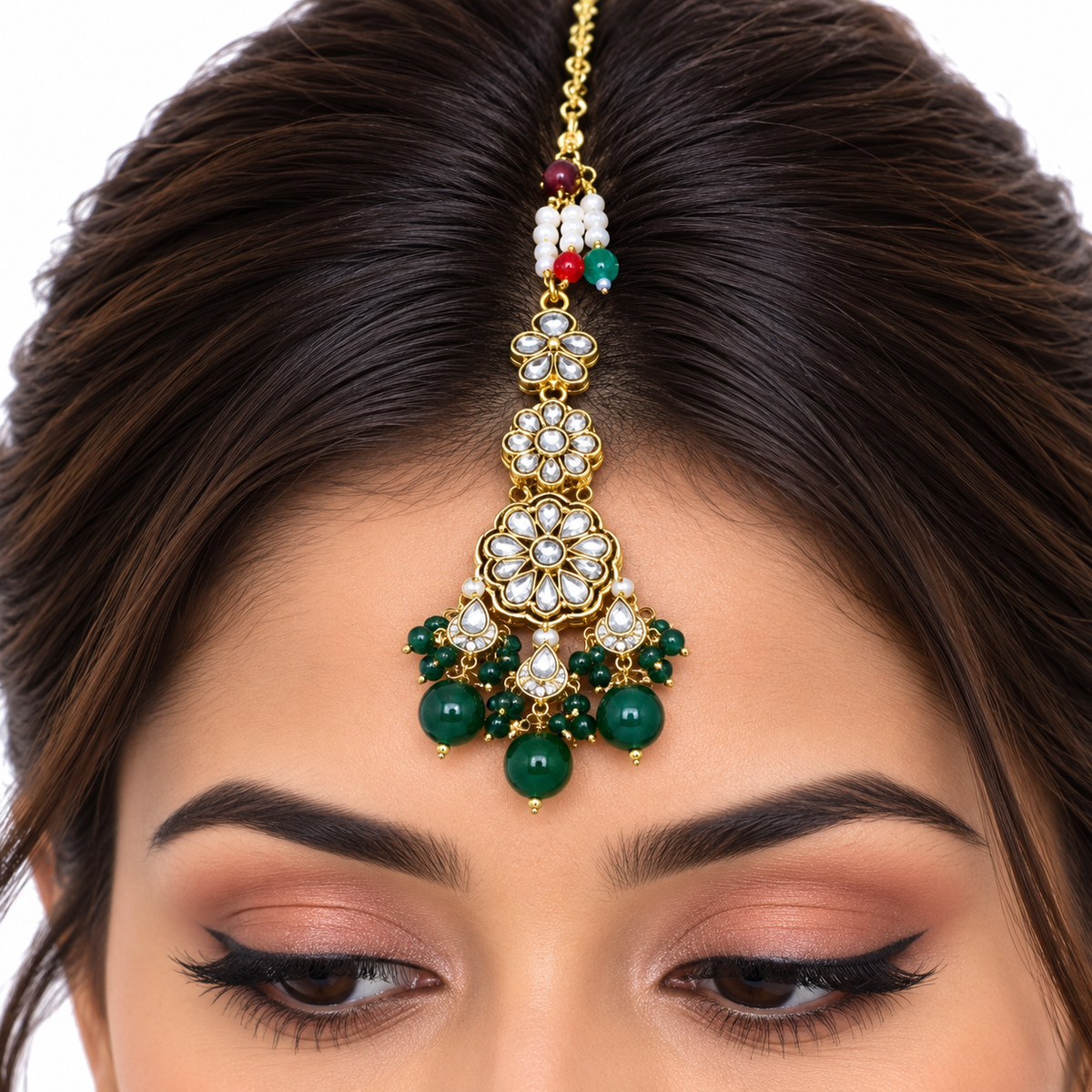 Emerald Green Kundan Necklace Set with Pearl Accents