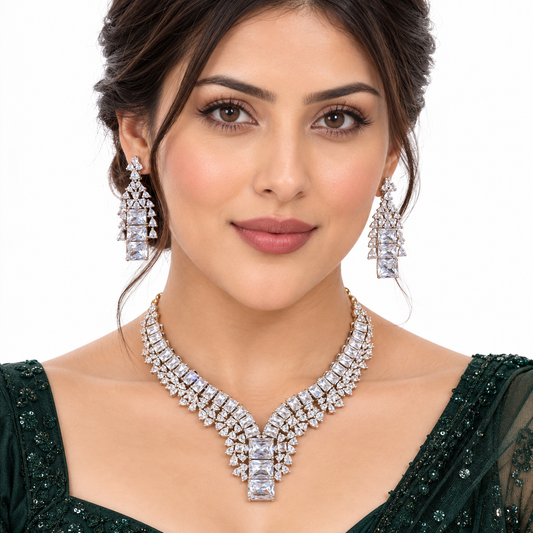 Silver Crystal Statement Necklace Set With Earrings