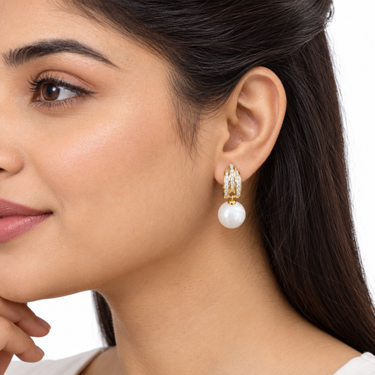 Gold Pearl Drop Hoop Earrings