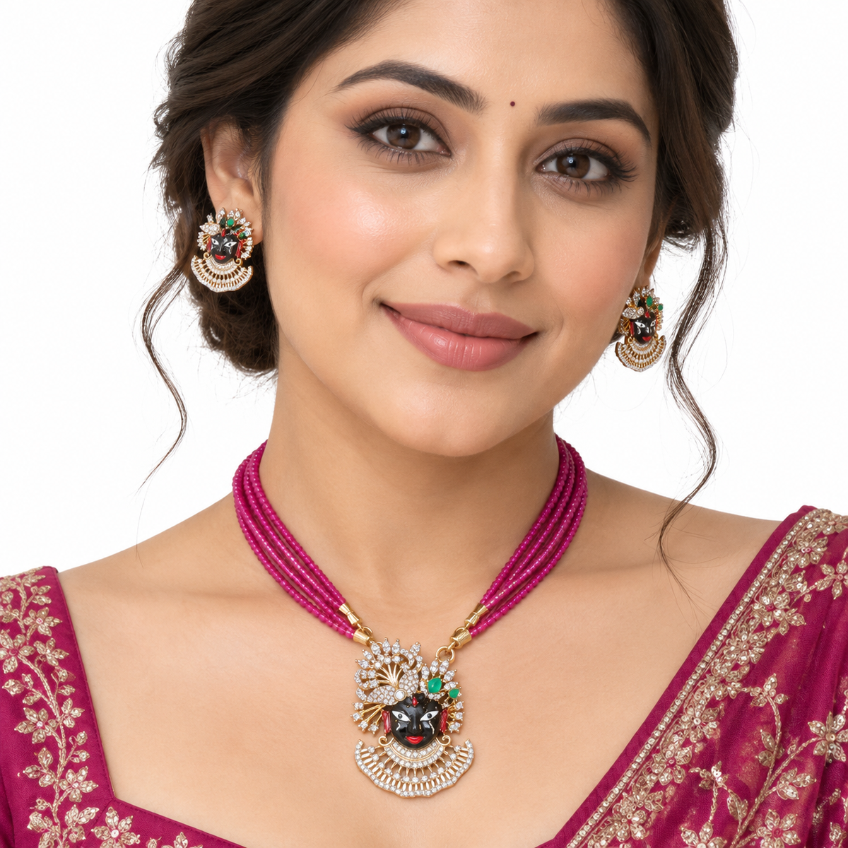 Pink Beaded Goddess Face Necklace Set With Earrings