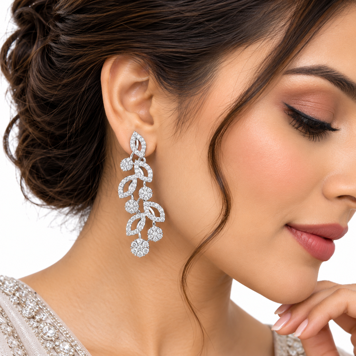 Silver Leaf Crystal Necklace Set with Floral Earrings