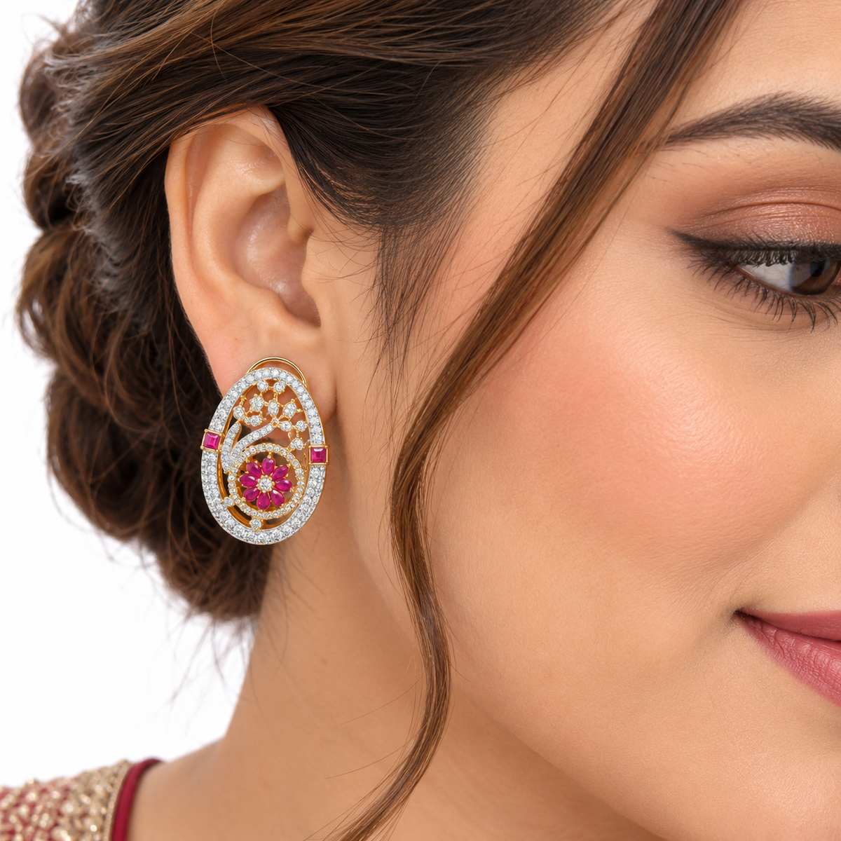Ruby Floral Pendant Necklace Set With Matching Earrings