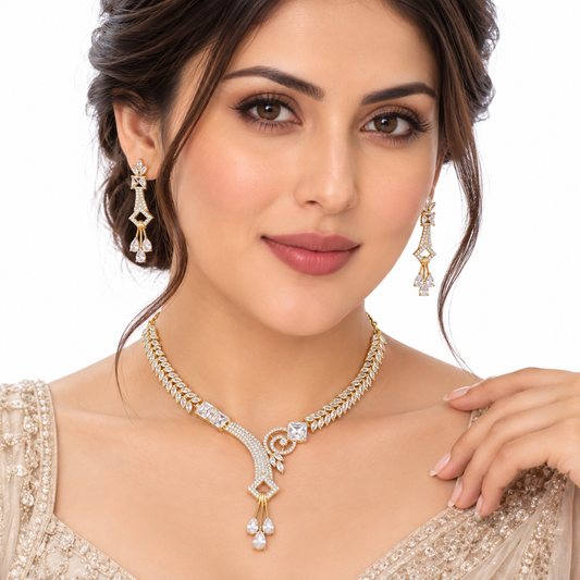 Golden Crystal Vine Necklace Set With Drop Earrings