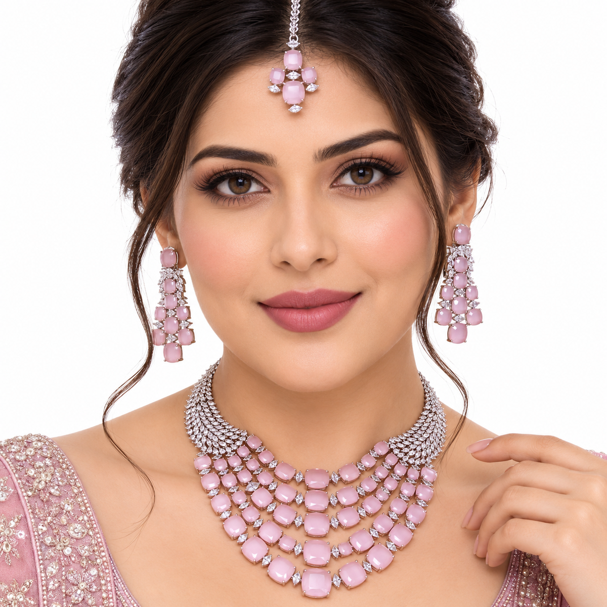 Pink Crystal Bridal Necklace Set With Matching Earrings