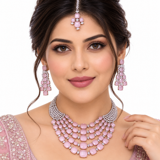 Pink Crystal Bridal Necklace Set With Matching Earrings
