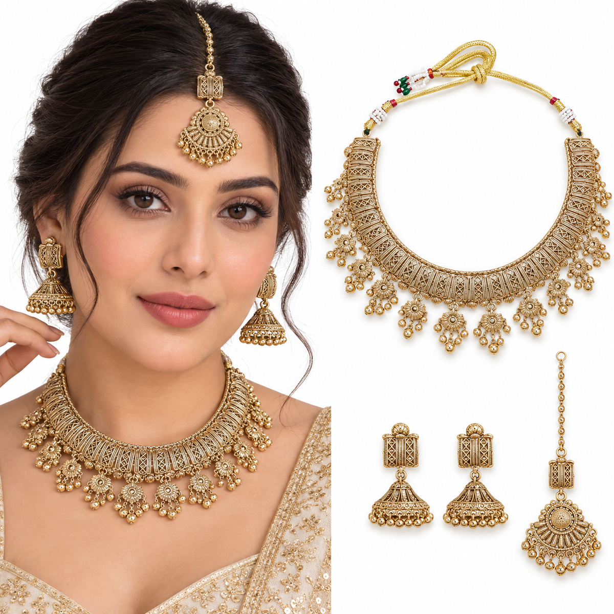 Antique Gold Temple Necklace Set with Jhumka Earrings