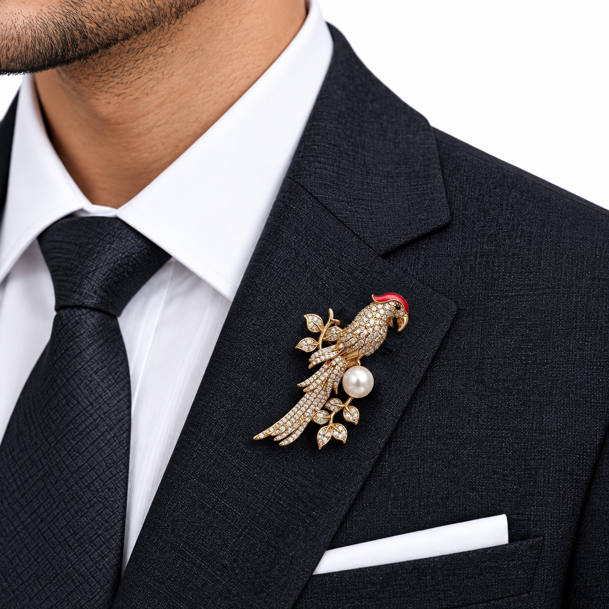 Elegant Gold Parrot Pearl Crystal Brooch