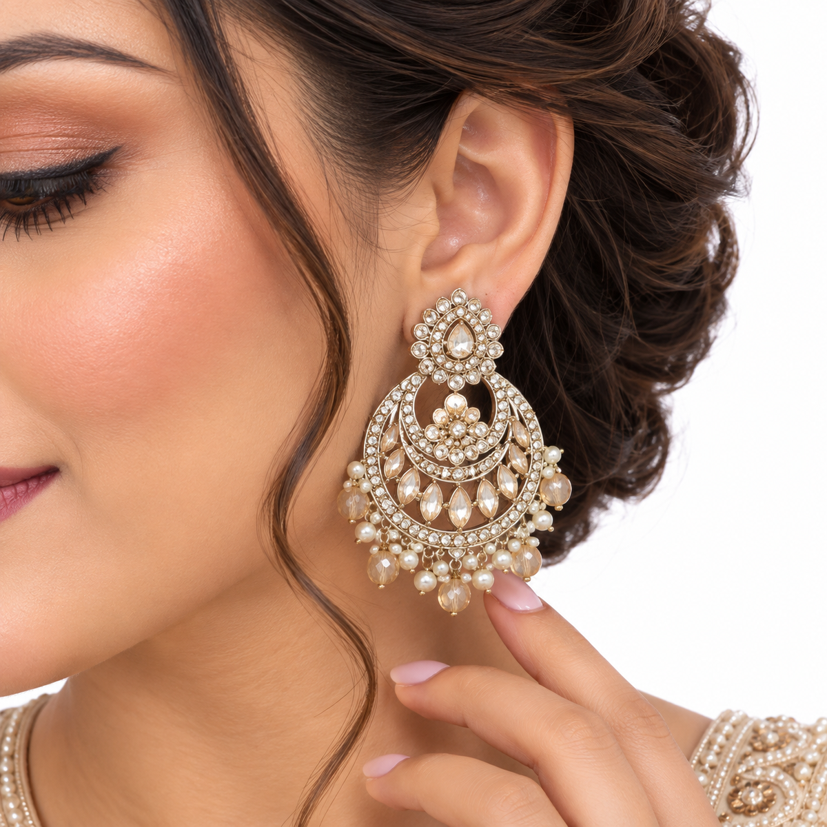 Champagne Kundan Pearl Necklace Set With Drop Earrings