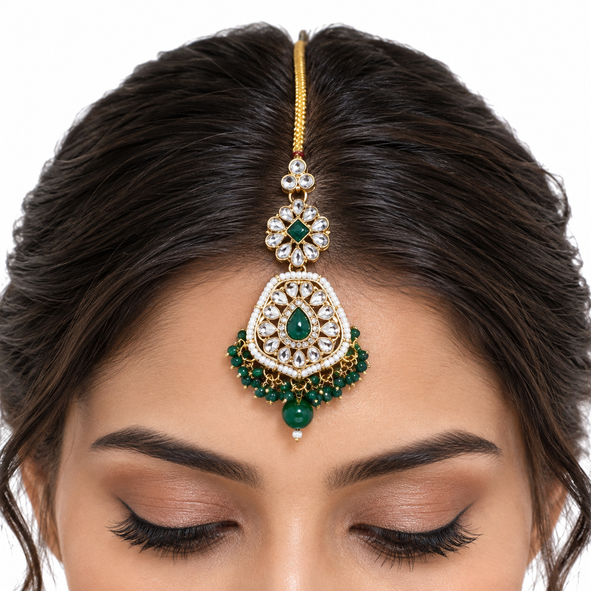 Green Beaded Kundan Choker Necklace Set with Tikka