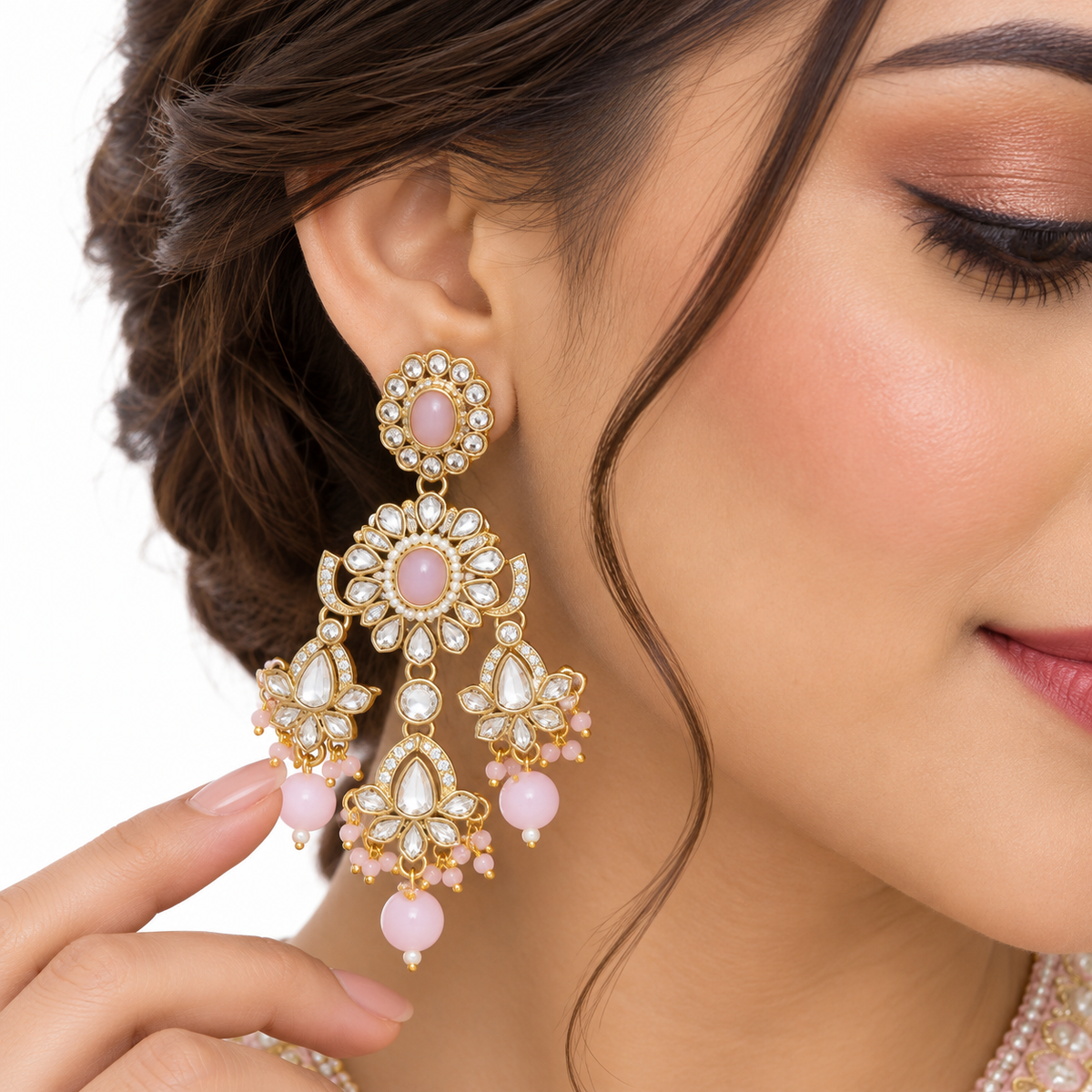 Pink Pearl Kundan Necklace Set With Elegant Tikka