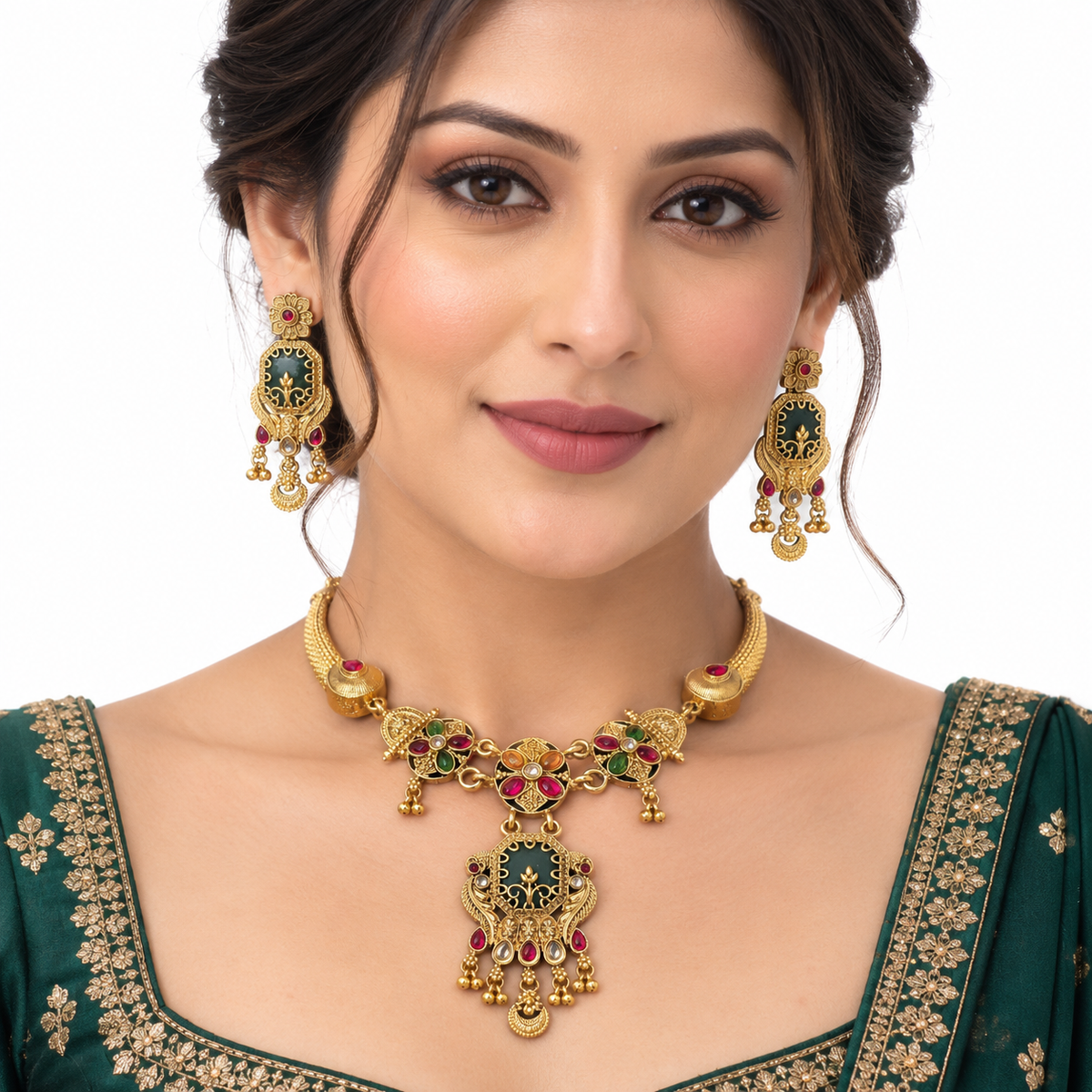 Emerald Ruby Antique Gold Necklace Set With Earrings