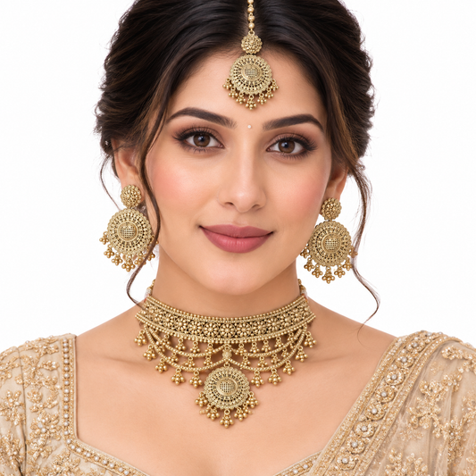 Antique Gold Pearl Choker Necklace Set With Maang Tikka